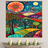 Vibrant Folk Art Landscape Canvas – Colorful Trees, Hills, and Sunbursts in Whimsical Abstract Style on Ready to Hang 1.5" Thick Canvas Wrap, Floating Framed Canvas, Flat Rolled Canvas